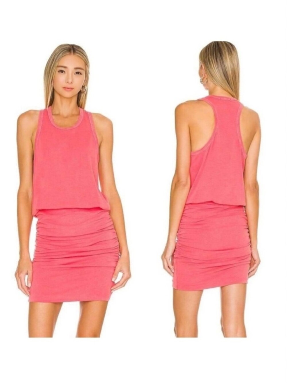 New Sundry Anthripologie Coral Pink Sleeveless Tank Dress Ruched Side Sz.1 Small